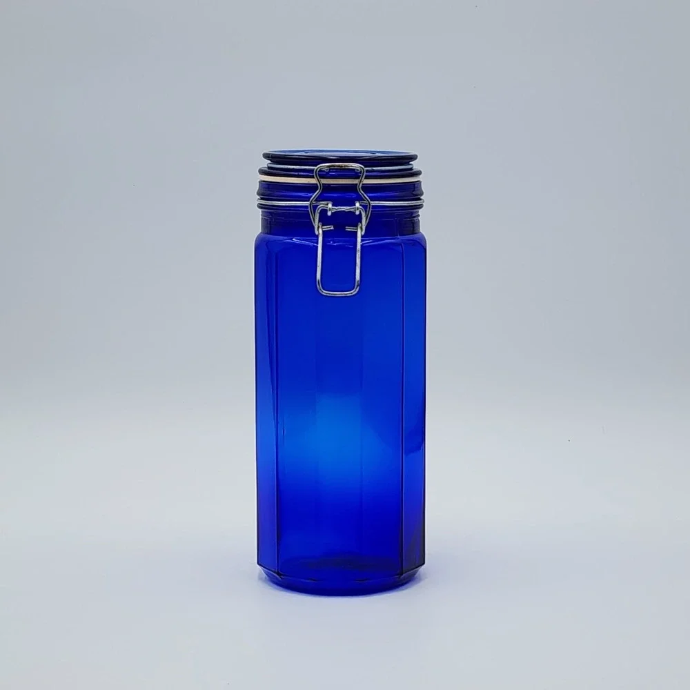 Vintage Cobalt Blue Glass Canister Jar 12 Panel Wire Bail Lid 1930–1950s USA 10